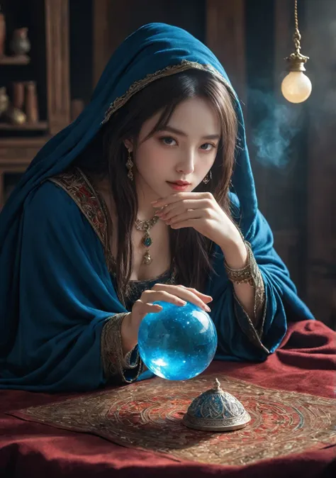 female fortune teller. body and face orientation: frontal. charming, beautiful and mysterious. she wears a blue cloak and has a ...