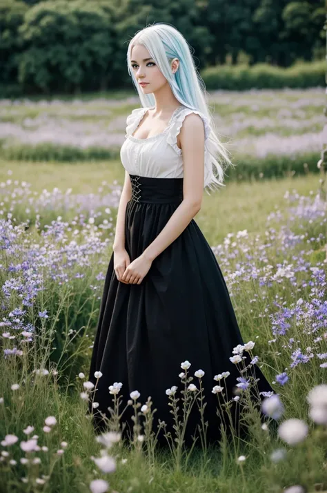 Anime girl with white hair and blue eyes cpn black dress medieval style in a field of flowers 