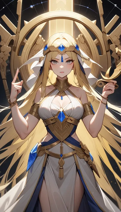 （Huang Li、high quality、Extremely detailed），Constellation - Libra goddess，Huge Libra，Woman holding a scale，Similar to Latin goodness，brave，capricious，Productivity，The face of enterprising and humanitarianism，Long yellow hair，Ancient Greek costumes、Wrap Dres...