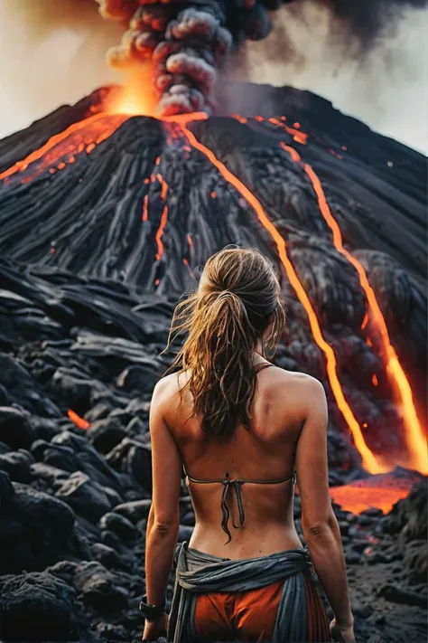 Super Closeup Portrait, polaroid film photography, soft focus, Polaroid Style, Low Tone colours, rear View, Female Busty hiker Standing close infront of erupting Vulcan and looking down into Lava, Lots of Lava spilling, Lava squirting through the Air, hot ...