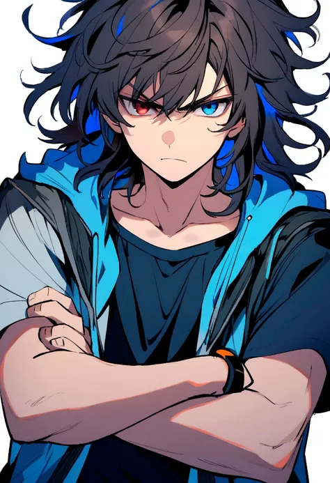 
Teenage boy, Messy hair, Medium length hair, black hair with blue highlights, dark brown and blue eyes heterochromia, serious face, dark blue shirt short-sleeved loose jacket, crossed arms