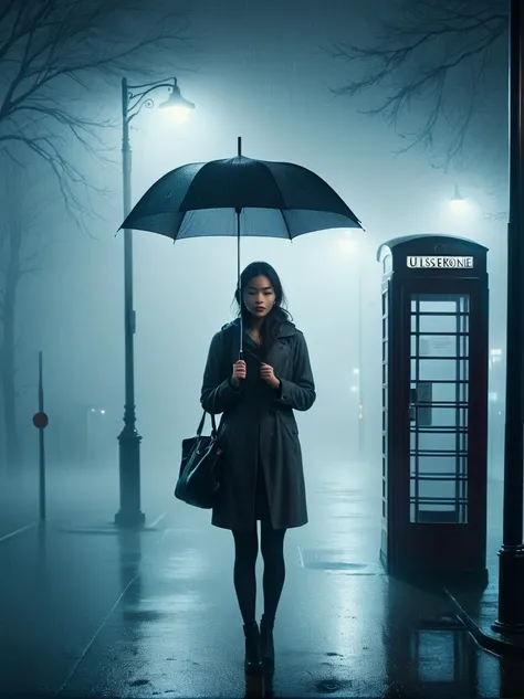 1girl, 独奏, rain, fog, cold, dull, , phone  booth, bus stop, night, street lights, the dim light shines in the fog,and the figure...