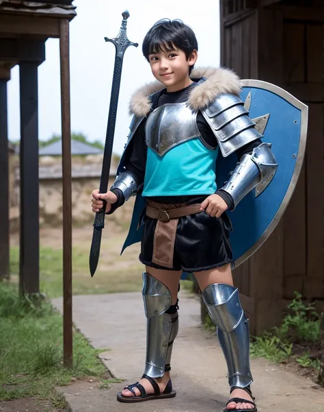 Young 13-year-old boy with black hair and brown eyes, innocent and happy, dressed in short neon-blue medieval barbarian clothes, fur shorts, light-blue battle armor, weilding silver sword and shield, sandals; fullbody; short hair, boyish athletic, sexy,