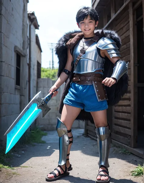 Young 13-year-old boy with black hair and brown eyes, innocent and happy, dressed in short neon-blue medieval barbarian clothes, fur shorts, light-blue battle armor, weilding silver sword and shield, sandals; fullbody; short hair, boyish athletic, sexy,