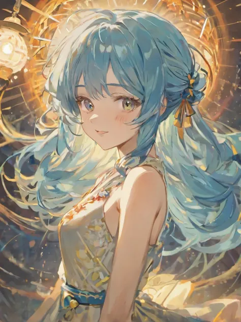 ((higher quality picture)), Japanese girl, beautiful girl, clear, cool, smiling, blue hair, natural Curly Hair, fashion model, simple dress, ((Japanese anime style1.8))