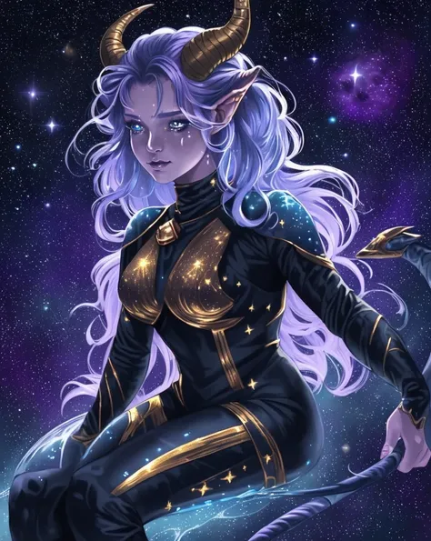 A space dragon sitting at the edge of the universe looking lonely, her tears are made of star constellations, she is surrounded by water and the universe melding together, surrounded in darkness as reality breaks and shatters like glass. The woman has drac...