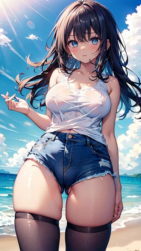 (8K、Highest quality、Highest quality、masterpiece)、Detailed face、One Girl、(Brown Skin:1.2)、Long Hair、Blue Eyes、Serious、(Tank Top、Denim hot shorts、Open Shorts、Unziped shorts、Mini Shorts、Legwear、No Panties、NoPanties、Spread pussy)、labia view、Beach、cloud、vagina、...