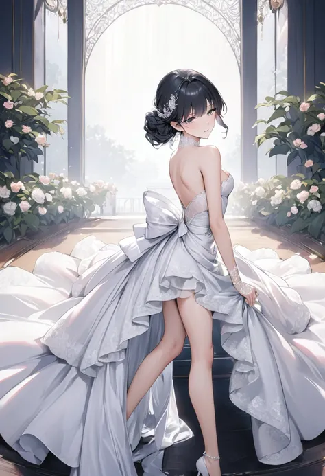 ((Top quality, masterpiece, freak, super resolution)), 1 girl, Japanese model,16 years old,Smooth black hair,Short bomb hair,((Long transparent lace gloves)),An elegant high-low wedding gown with a strapless sweetheart neckline, featuring a fitted bodice e...