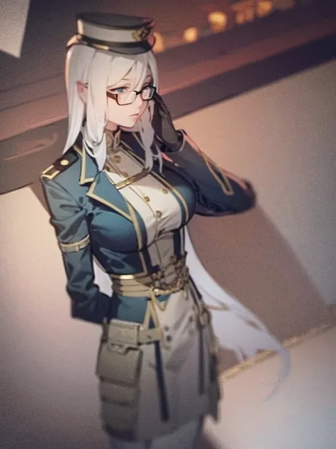 masterpiece, best quality, beautiful girl, white hair with blue inner color, light green eyes, dark blue military uniform, mature_female, eye_glasses, white gloves, anime, dark blue military hat, very_long_hair, perfect body, red ribbon, commander, science...