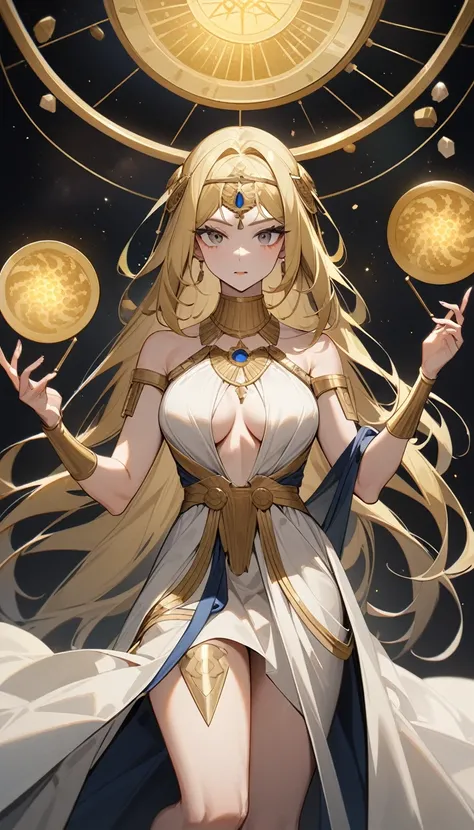 （Huang Li、high quality、Extremely detailed），Constellation - Libra goddess，Huge Libra，Woman holding a scale，Similar to Latin goodness，brave，capricious，Productivity，The face of enterprising and humanitarianism，Long yellow hair，Ancient Greek costumes、Wrap Dres...