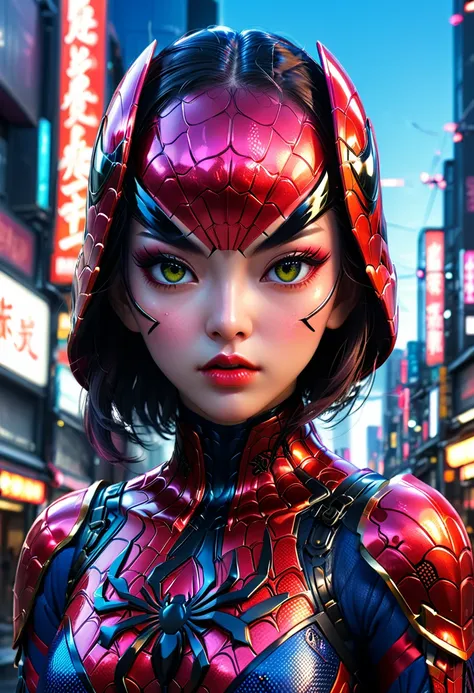 samurai spider-man, 1girl, extremely detailed eyes and face, beautiful detailed lips, long eyelashes, spider web, futuristic tok...