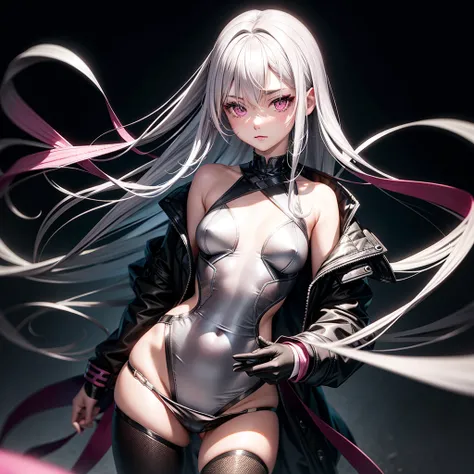 Silver hair, pink eyes, medium body, neko, sexy, simple background 