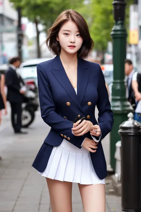 a 18 year old face of the most beautiful actress in the world, the perfect body proportions of a female, blazer is worn with formal shirt on female upper body, shirt skirt is worn with panties on female lower body, panties between bare legs under short ski...