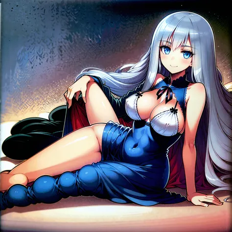 (((1 girl))), ((detailed blue eyes)), ((long silver hair)), large breasts, curvy hips, perfectly drawn body, seductive smile, nightgown, laying on a bed, best quality, masterpiece, ultra-detailed