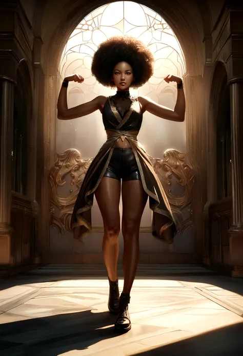 ((Dark African skin, Very deep ebony skin)), ((Its beauty is undeniable)), ((cute excited face)), ((Hyper detailed perfect eyes,)), ((pose mignonne)), ((Langue sortie)), ((Attirant )), sexy, (( Tight knit shirt, shorts courts sexy)), ((Afro curly African h...