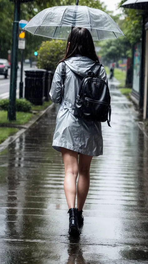 a girl walking home from school on a rainy day, holding an umbrella, frogs, snails, rain, puddles, wet pavement, overcast sky, m...