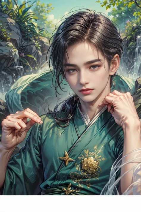 ((Best quality)), ((masterpiece)), (detailed), ((perfect face)), ((halfbody)) pretty face,15 year old boy, teen boy,  perfect proportions , Shen Qingqiu character , long black hair, boy version , detailed background, ，High ponytail ,have sports a cinnabar ...