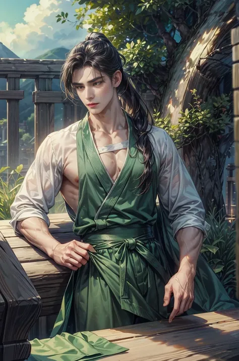 ((Best quality)), ((masterpiece)), (detailed), ((perfect face)), ((halfbody)) pretty face,15 year old boy, teen boy,  perfect proportions , Shen Qingqiu character , long black hair, boy version , detailed background, ，High ponytail ,have sports a cinnabar ...