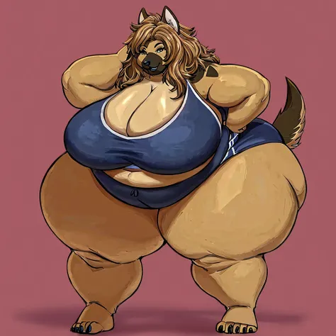 German Shepherd, female, long hair, huge breasts, huge hips, huge thighs, plump, voluptuous, obese, sports bra, sports shorts, simple background, barefoot,fat arms, fat legs, belly rolls,messy hair , wide body, corpulent , massive breasts, massive breasts,...