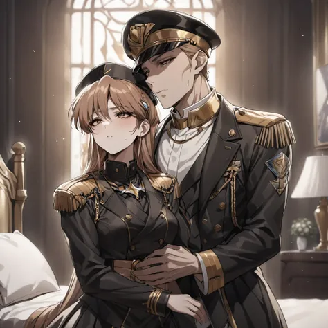 ((Highest quality)), ((masterpiece)), (detailed), （Perfect Face）、The woman is Princess Leona, with medium-long light brown hair, and is wearing a sexy black military uniform and cap for women. In a luxurious room, she is embraced by a strong, dignified, ol...