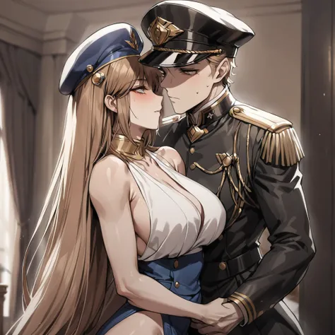 ((Highest quality)), ((masterpiece)), (detailed), （Perfect Face）、The woman is Princess Leona, with medium-long light brown hair, and is wearing a sexy black military uniform and cap for women. In a luxurious room, she is embraced by a strong, dignified, ol...