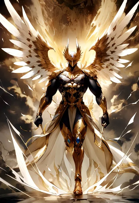 GOLDWING Guardian Warrior Angel Man Defeating Demons With His Sacred Wings.
Prompt