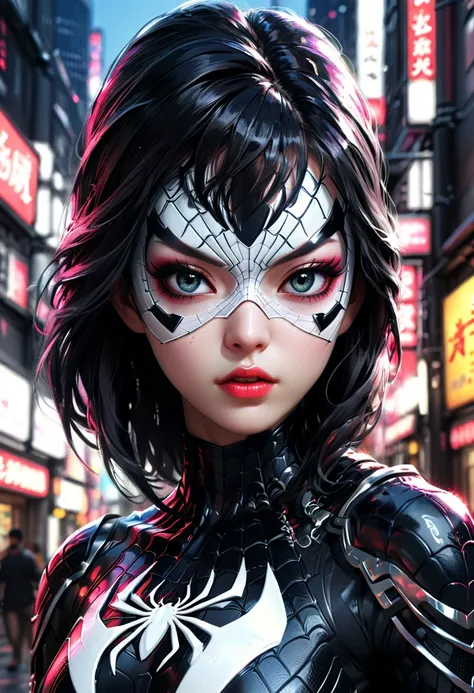 black and white samurai spider man, 1girl, extremely detailed eyes and face, beautiful detailed lips, long eyelashes, spider web...