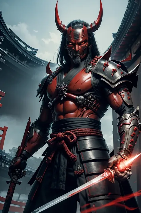 (demon samurai)、(wearing a demon mask)solo man, glowing red eyes、like the whole body、(cyborg armed with a long sharp knife)、stan...