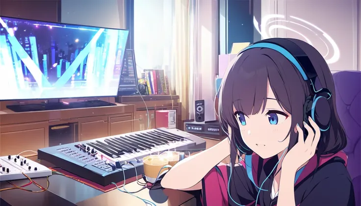 Beautiful girl listening to music with headphones、Inside the room　