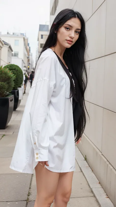 realistic, 1woman, long black hair, black eyes, white fashion clothes