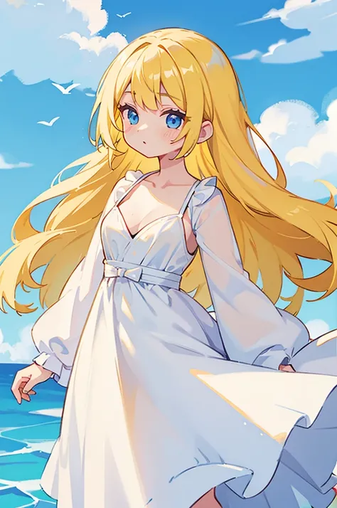 yellow hair, Blue Eyes, long hair, female , white dress, D cup