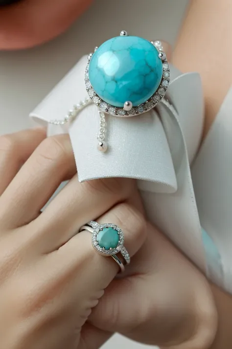 A delicate silver ring with a turquoise stone in the center, surrounded by small diamonds that shine like white pearls.