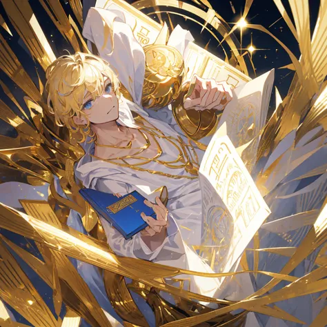 A male god，short hair，Gold and white shades，Holding the golden sacred book，((Pure golden background))