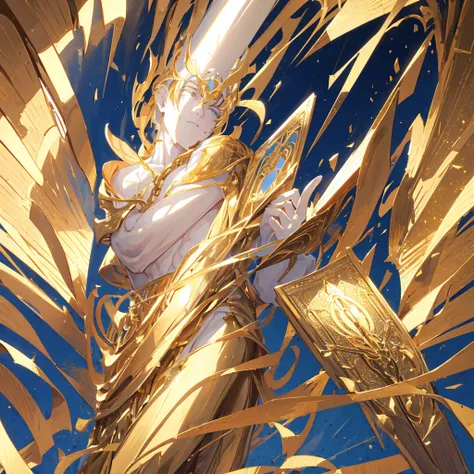 A male god，short hair，Gold and white shades，Holding the golden sacred book，((Pure golden background))