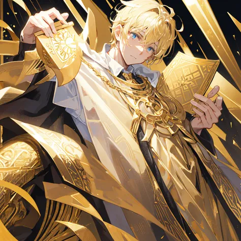 A male god，short hair，Gold and white shades，Holding the golden sacred book，((Pure golden background))