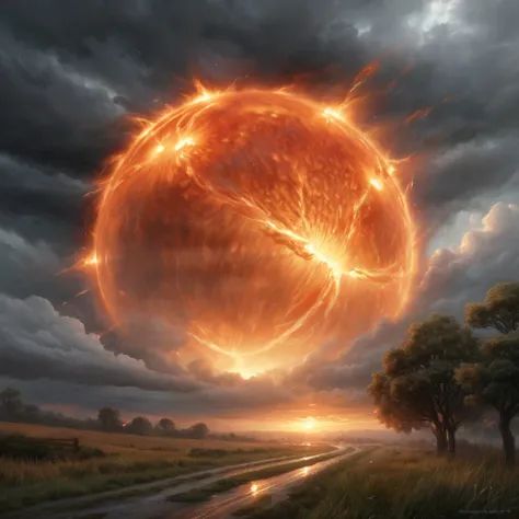 A hyper-realistic depiction of the fiery sphere in the sky and landscape, with meticulous attention to detail and lifelike textures. The fiery rain appears almost photographic.