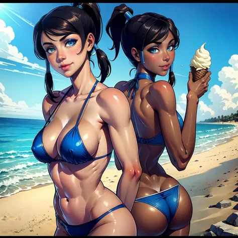 Korra, ((short black hair, ponytail, hair tubes, glowing blue eyes, makeup, narrow waist, skinny, medium breasts, dark skin,  dark_skinned female)), pelvic curtain, ((blue bikini)), full body, perfect body, (insanely detailed, beautiful detailed face, mast...