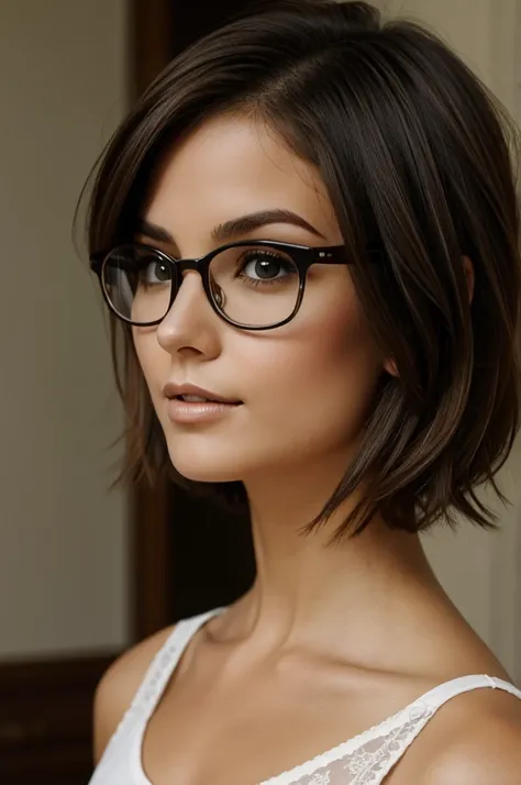 Short hair brunette girl with glasses 
