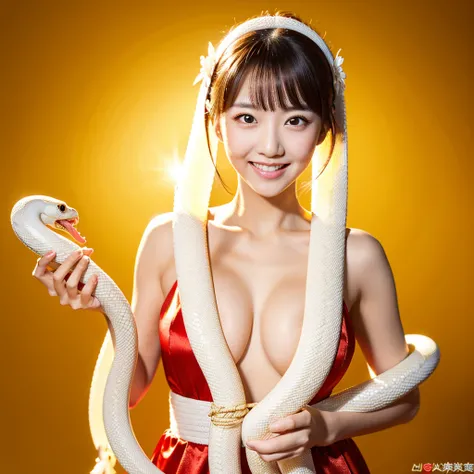  Looking straight ahead and smiling, Holding a large white snake in both hands, Gold Background, Ultra HD、64ｋ、Masterpiece、One Girl、Japanese Model,  clavicle, RAW Photo、Big-eyed girl in a red dress、Long face, Professional Lighting、