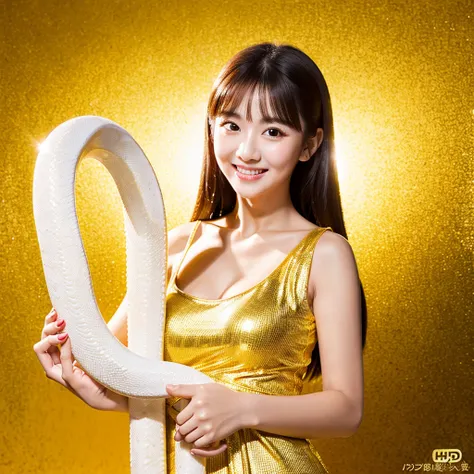  Looking straight ahead and smiling, Holding a large white snake in both hands, Gold Background, Ultra HD、64ｋ、Masterpiece、One Girl、Japanese Model,  clavicle, RAW Photo、Big-eyed girl in a red dress、Long face, Professional Lighting、