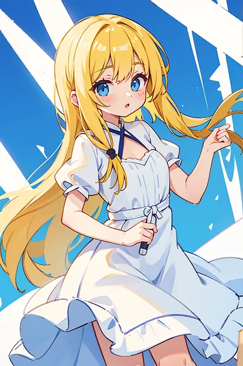 yellow hair, Blue Eyes, long hair, Adult Female , white dress, D cup