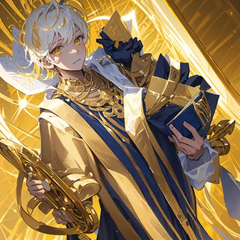 A male god，short hair，Gold and white shades，Holding the golden sacred book，((Pure yellow background))