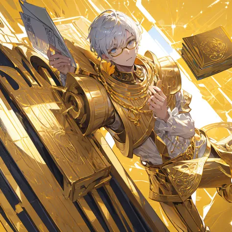 A male god，short hair，Gold and white shades，Holding the golden sacred book，((Pure yellow background))