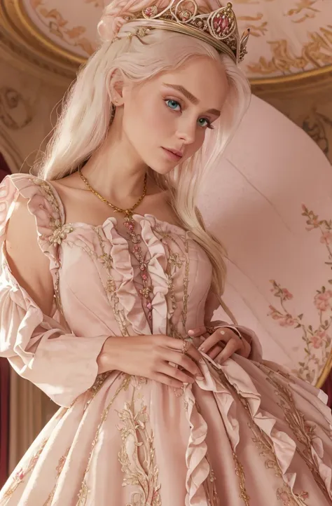 White Blonde hair, fluffy hair, stylish hair, long hair, lilac eyes, perfect eyes, beautiful, perfect face, tween, dainty , short, kind, curvy, a flowing pale airy gown with ruffles along the bottom with tiny pink flowers and gold dragon embroideries with ...