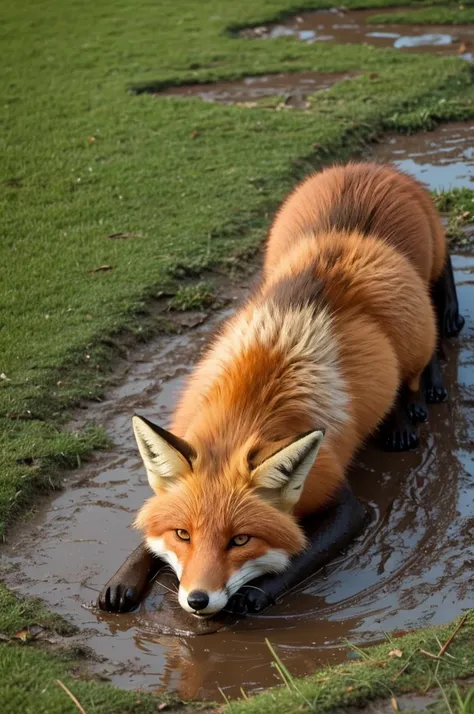 a sad fox, lying on the grass full of mud, and getting wet from the rain 