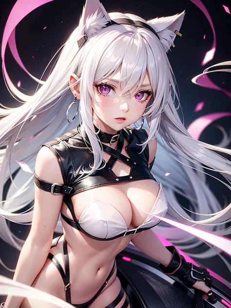 Silver hair, pink eyes, body, cat ears, sexy girl, earrings