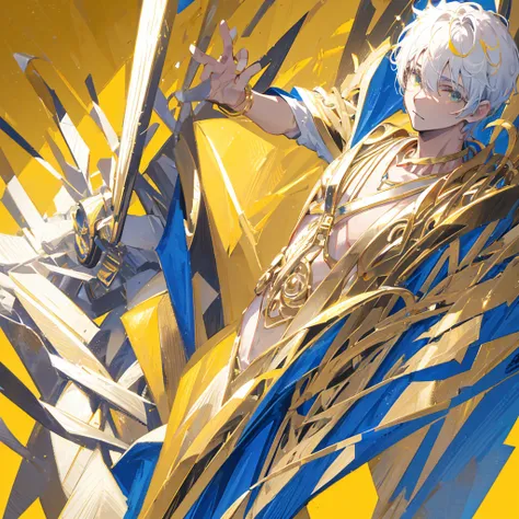 A male god，short hair，Gold and white shades，((Pure yellow background))