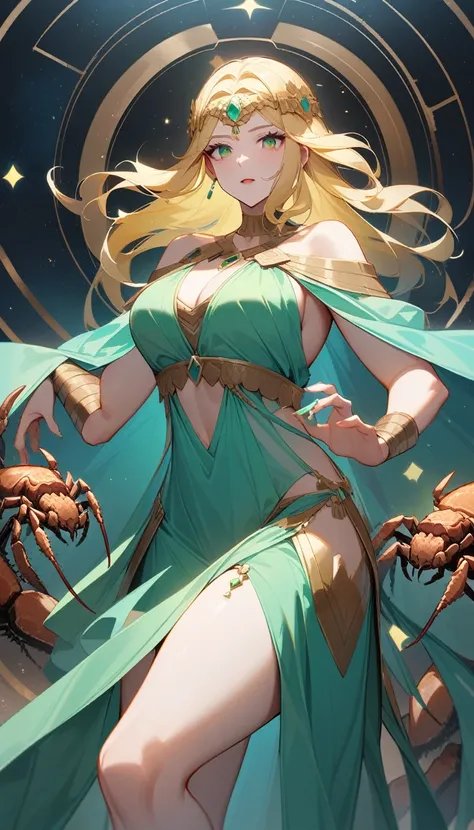 （Huang Li、high quality、Extremely detailed），Constellation - Scorpio Goddess，Huge scorpion，Woman stroking a scorpion，Similar to Latin goodness，brave，capricious，Productivity，The face of enterprising and humanitarianism，Long yellow hair，Ancient Greek costumes、...