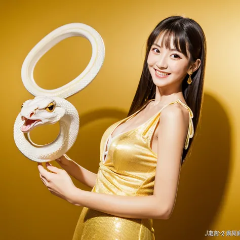  Looking straight ahead and smiling, Holding a large white snake in both hands, Gold Background, Ultra HD、64ｋ、Masterpiece、One Girl、Japanese Model,  clavicle, RAW Photo、Big-eyed girl in a red dress、Long face, Professional Lighting、