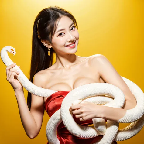  Looking straight ahead and smiling, Holding a large white snake in both hands, Gold Background, Ultra HD、64ｋ、Masterpiece、One Girl、Japanese Model,  clavicle, RAW Photo、Big-eyed girl in a red dress、Long face, Professional Lighting、